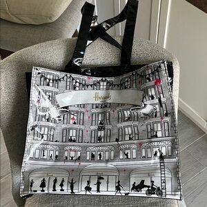 Harrods London PVC tote bag pink balloons black white store front zipper 14x12
